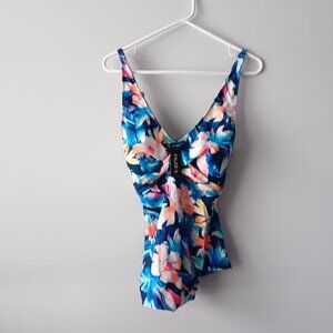 New Talisea Tankini Swimsuit Top Ruched Shelf Bra Deep V-Neck Blue White Pink XL